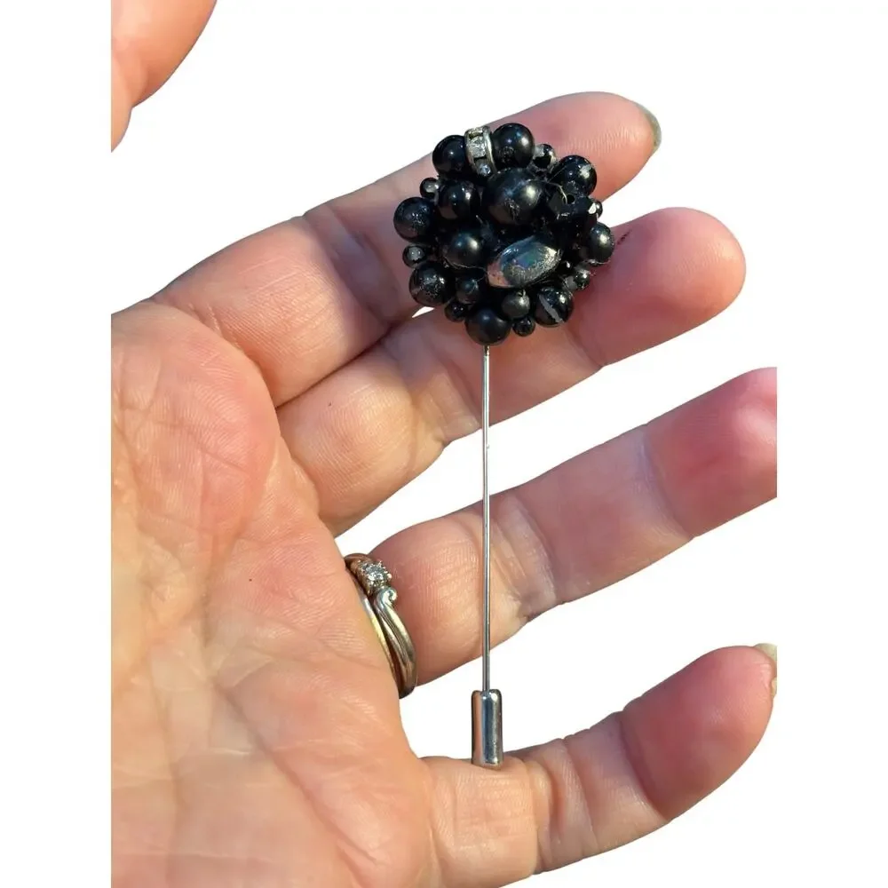 Black Bead Cluster Stick Pin Handmade From Vintage Earring Goth Victorian